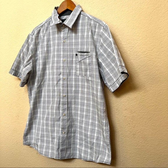 7 Diamonds White Blue Brown Short Sleeve Button Up Shirt O-11 - Picture 2 of 13